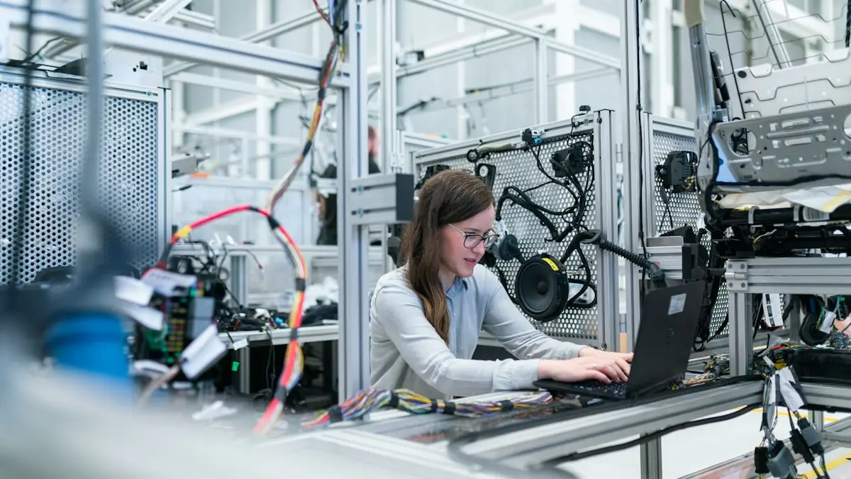 Technician working with equipment on a production line