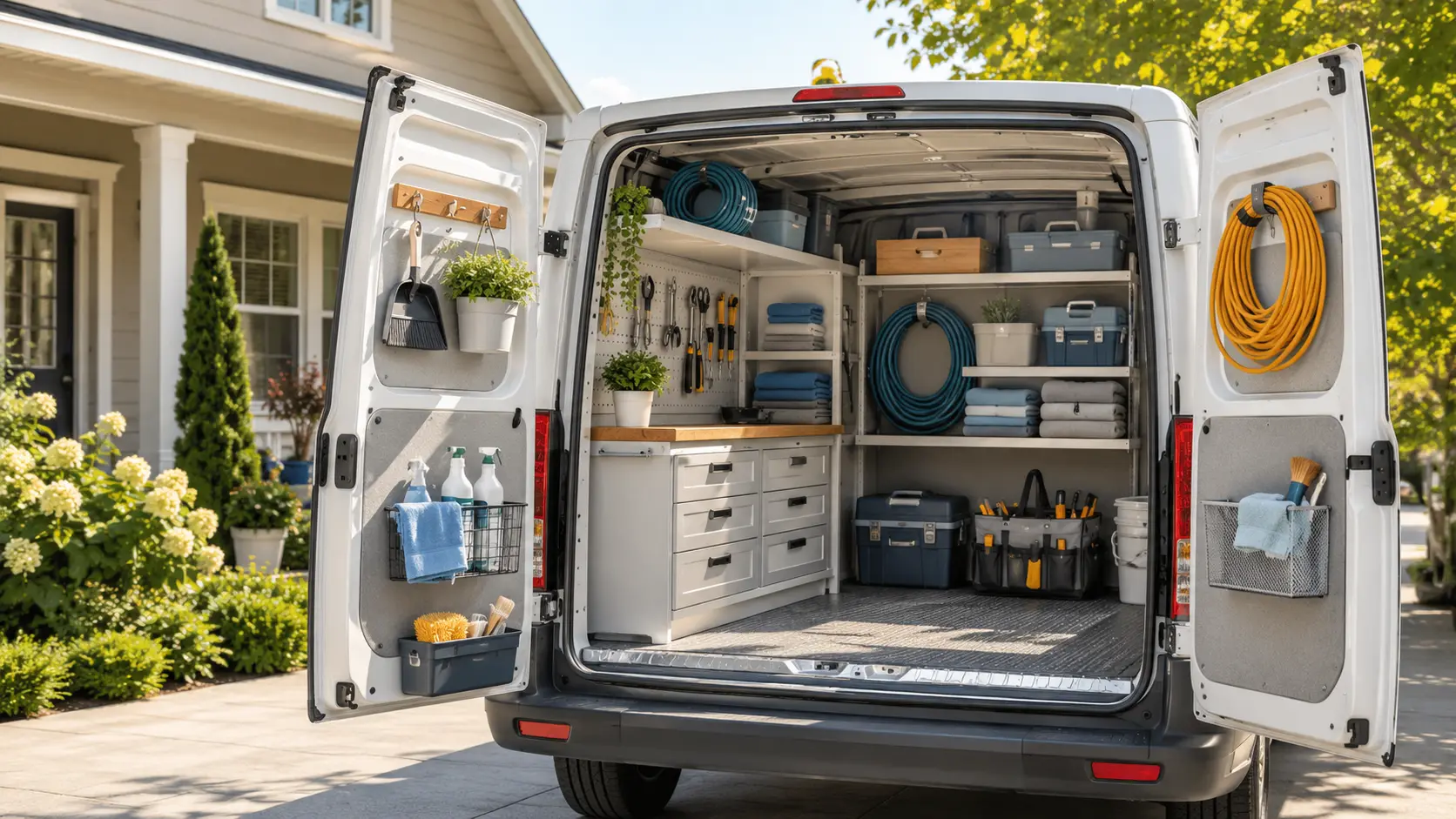 Organized home service van stocked with tools and supplies for field appointments.