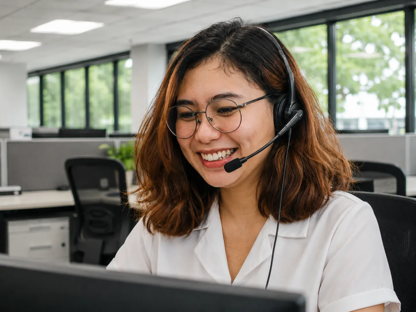 Customer support representative wearing a headset at her desk